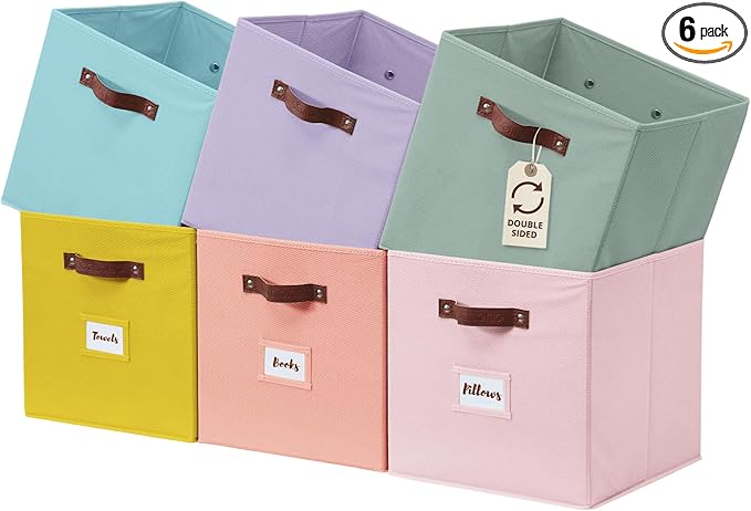 DECOMOMO Storage Bins, Cube Storage Bin with Labels | 13" x 13" x 13" Fabric Storage Cubes for Shelves (6pcs, Rainbow)