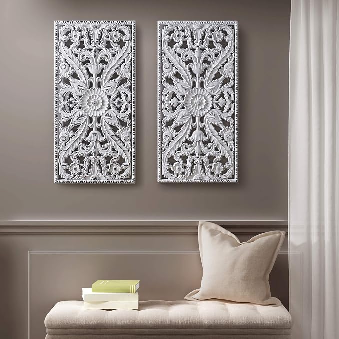 Madison Park Wall Art Living Room Décor - Vintage Botanical Carved Wooden Panel Home Accent Bathroom Decoration Ready to Hang Frames for Bedroom, 15.75"W x 31.5"L x 0.59"D, White 2 Piece