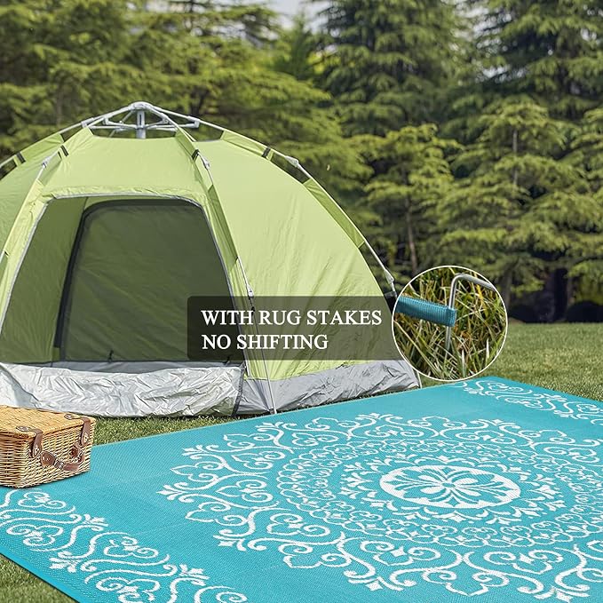 Pauwer Outdoor Rug 9x12, Waterproof Plastic Straw Camping Rug, Floral Teal | Reversible Patio Rug, UV Resistant Indoor Outdoor RV Mat Carpet For Deck, Camper, Porch, Balcony, Backyard, Picnic, Foldable