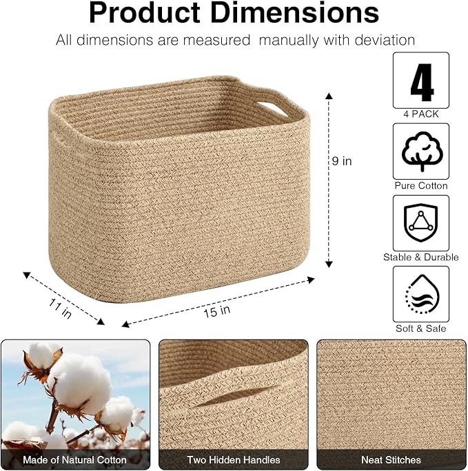 ICERZCZ Woven Cotton Rope Storage Baskets for Organizing & Shelves, Organization Bins for Dog Toys, Clothes, Books, Nursery Organizer, 15"x11"x9", Mixed Brown (4 Packs)