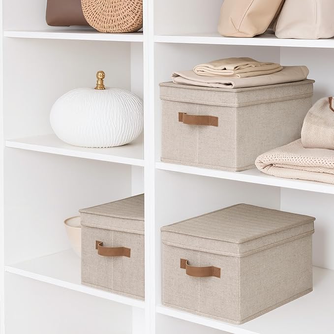 StorageWorks Fabric Storage Bins with Lids, Decorative Storage Bins with PU Handles, Foldable Storage Baskets for Closet, Shelves, Stackable and Sturdy Organization, Brown and Beige, Large, 3-Pack