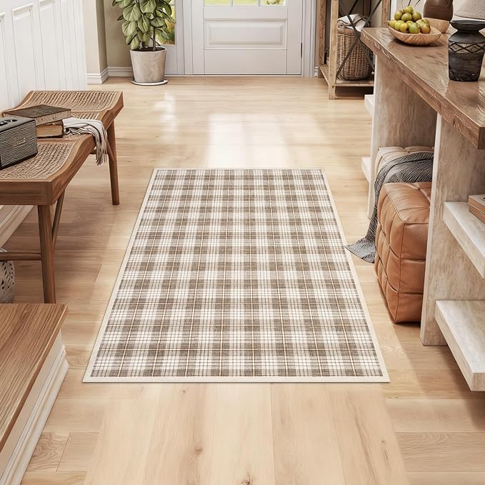 GarveeHome Checkered Rugs 2x3, Machine Washable Entryway Rug with Non Slip Backing, Stain Resistant Low-Pile Doormat for Indoor Outdoor Hallways Kitchen Bathroom Bedroom Beige