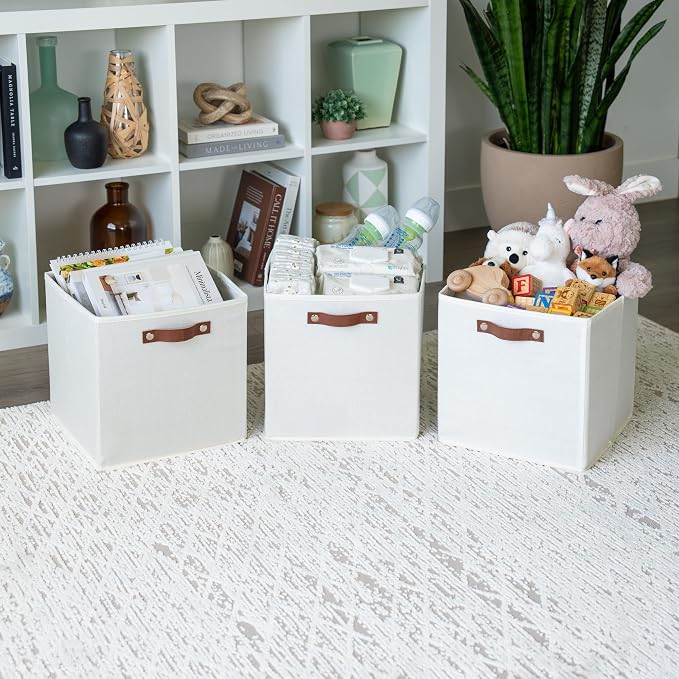 OrganiHaus 12x12 Cube Storage Bins, Set of 4 - Fabric Storage Cubes | Sturdy, holds its shape; odor-free; fits 12-inch cube shelves; vegan leather handles