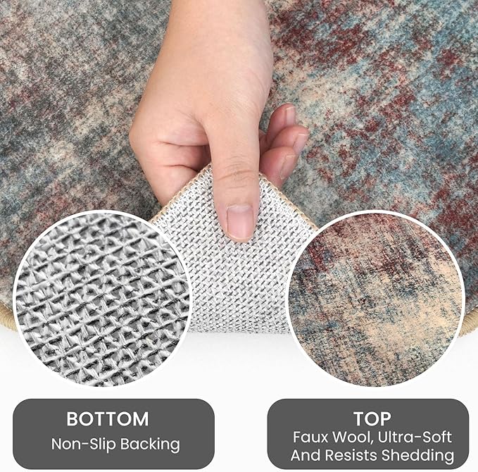 IOHOUZE Abstract Round Area Rug 8 Ft Washable Circle Rugs Large Round Rug Non Slip Thin Soft Circle Rugs, Printed Faux Wool Floor Carpet for Bedroom Living Room Dining Room Nursery, Red/Multi