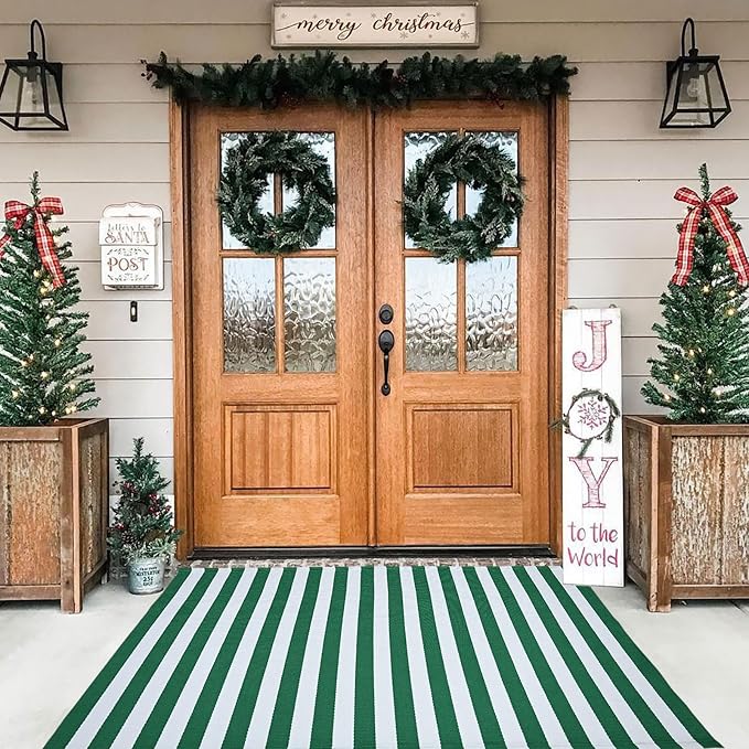 Green & White Striped Rug, 3' x 5' Indoor/Outdoor Area Rug for Front Porch, Entryway, Machine Washable Cotton Woven Welcome Door Mat