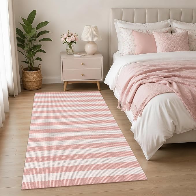 Rugalia Pink Woven Entryway Rug 3x5, Washable Striped Cotton Indoor Outdoor Doormat Low Plie Non-Slip Kitchen Mat, Modern Natural Floor Carpet for Porch Living Room Bedroom Patio