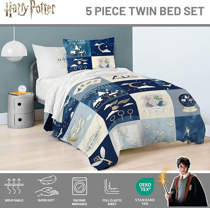 Harry Potter Twin Comforter Set 5 Piece Soft Hogwarts Bedding, Multi | Fantasy, Bed in a Bag, Comforter Sheets Sham Pillowcase, Official Product, Soft Microfiber, Machine Washable, Kids Gift