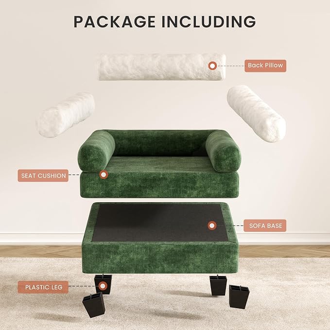 KKL Dog Couch 27.5" Wide, 2-in-1 Removable Base–Elevated 18.8" Dog Sofa Bed for Small & Medium Cats & Dogs, Matching Human Sofa Style, Green