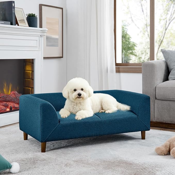 Dog Sofa Couch for Medium Dogs, Memory Foam Dog Sofa Bed, Modern Elevated Pet Couch Bed with Wooden Legs, Blue