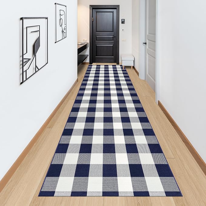 Buffalo Plaid Runner Rug 3x10 Feet Navy and White Checkered Runner Rug Cotton Woven Farmhouse Floor Mat Washable Rugs for Hallway Kitchen Laundry Bedroom Living Room