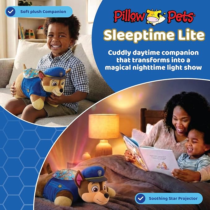 Pillow Pets Nickelodeon Paw Patrol Chase, 11" Sleeptime Lite | Plush Pillow and Night Light in One, Projects Rainbow Stars, 3 Light Modes, 20-Minute Auto-Off Timer, BPA Free