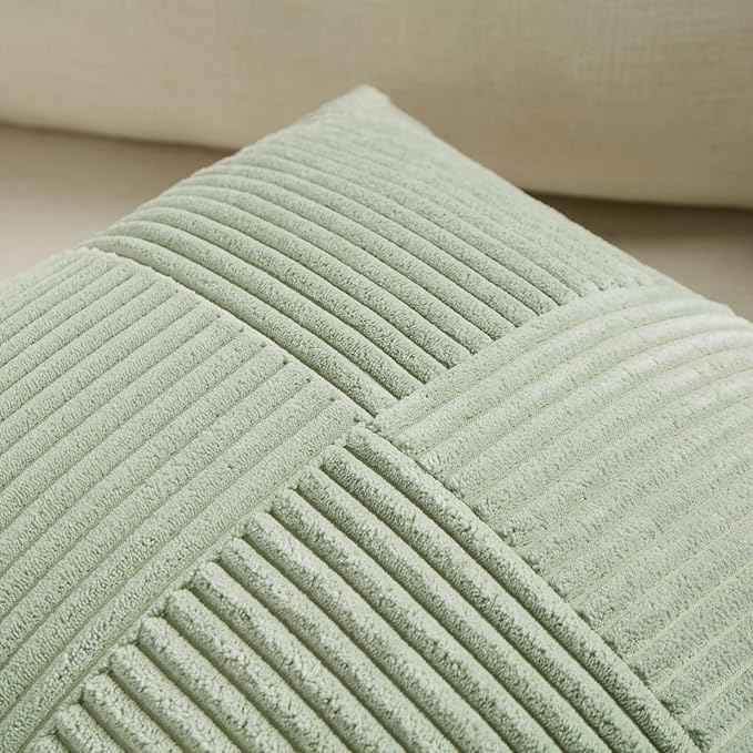 Fancy Homi 2 Packs Sage Green Lumbar Decorative Throw Pillow Covers 20x28 Inch for Living Room Couch Bed, Rustic Farmhouse Boho Home Decor, Soft Striped Corduroy Rectangle Accent Cushion Case 50x70 cm