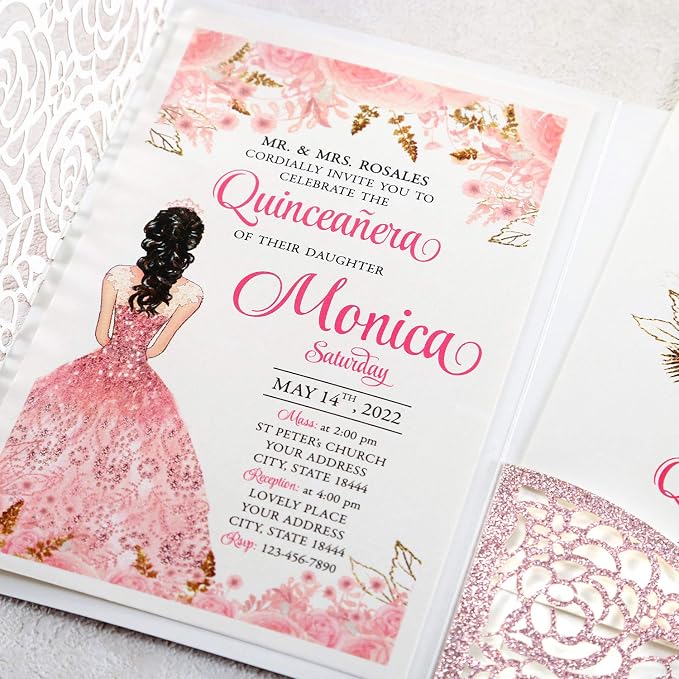 50PCS Personalized Rose Gold Quinceanera Invitation Cards | 4.7x7 inch, Laser Cut Hollow Rose Pocket, Miss XV, Sweet 16, 18th Birthday, Quince Invite, with Envelopes