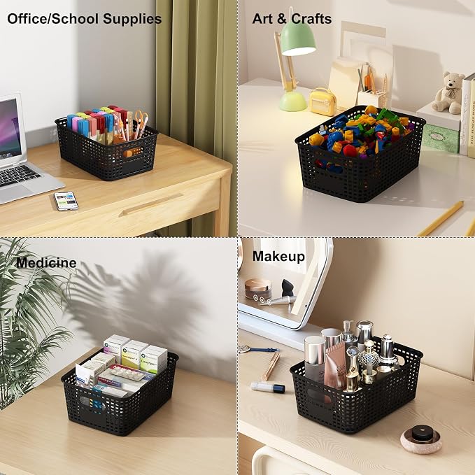 Black Plastic Storage Baskets with Lids 10 Pack Stackable Storage Bins Containers for Shelves Organizing, Cute Decorative Storage Boxes for Classroom, Playroom, Closet, Pantry
