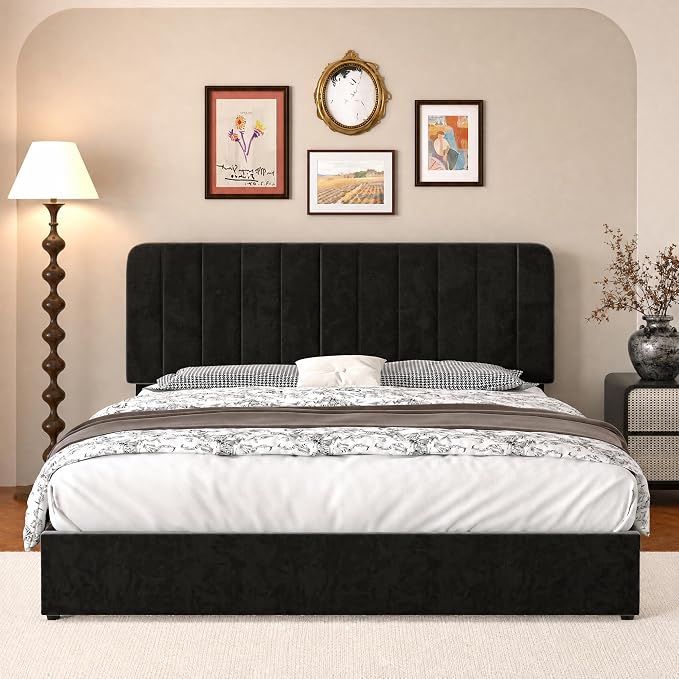VECELO Queen Size Upholstered Bed Frame with 4 Drawers and Headboard, Velvet Platform Storage Bedframe, Wooden Slats Support, No Box Spring Needed,Black