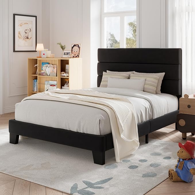 Allewie Twin Size Platform Bed Frame with Velvet Upholstered Headboard | Wooden Slats Support, Fully Upholstered Mattress Foundation, No Box Spring Needed, Easy Assembly, Noise-Free, Black