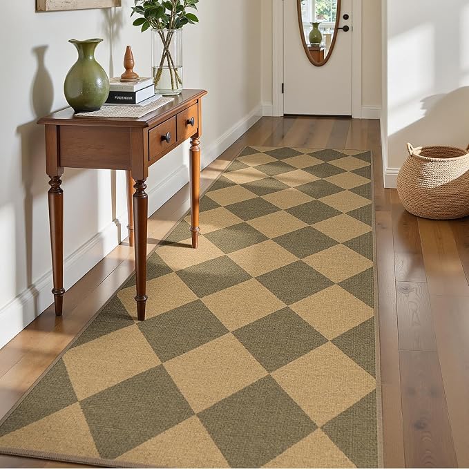 Lessymo Checkered Runner Rug 2.6x8 for Hallway, Washable Kitchen Runners | Non Slip Easy Jute for Entryway, Farmhouse Geometric Indoor Carpet Outdoor Rugs for Patio Backyard Porch, Diamond Brown/Beige