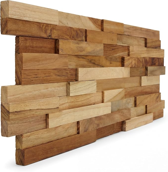 EZ-Wall 3D Mosaic Tile in Solid Teak Wood, 1 Sample Tile, Natural Finish Tile