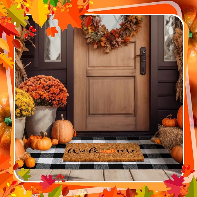 Moucuny 2 Pcs Fall Coir Doormat Outdoor 16'' x 28'' Pumpkin Welcome Doormat Layered 24'' x 35'' Buffalo Black and White Plaid Rug Fall Non Slip Floor Mat Fot Autumn Entrance Porch Front Decor