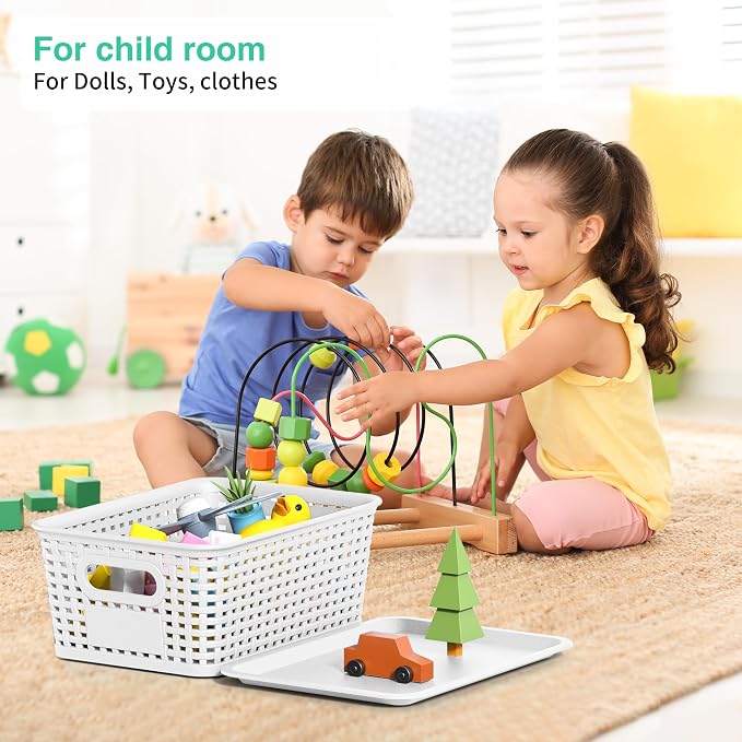 8 Pack Plastic Storage Baskets,White Stackable Bins with Lid | 5.3qt Storage Containers with Labels for Organizing Shelves Drawers Desktop Closet Playroom Classroom Office