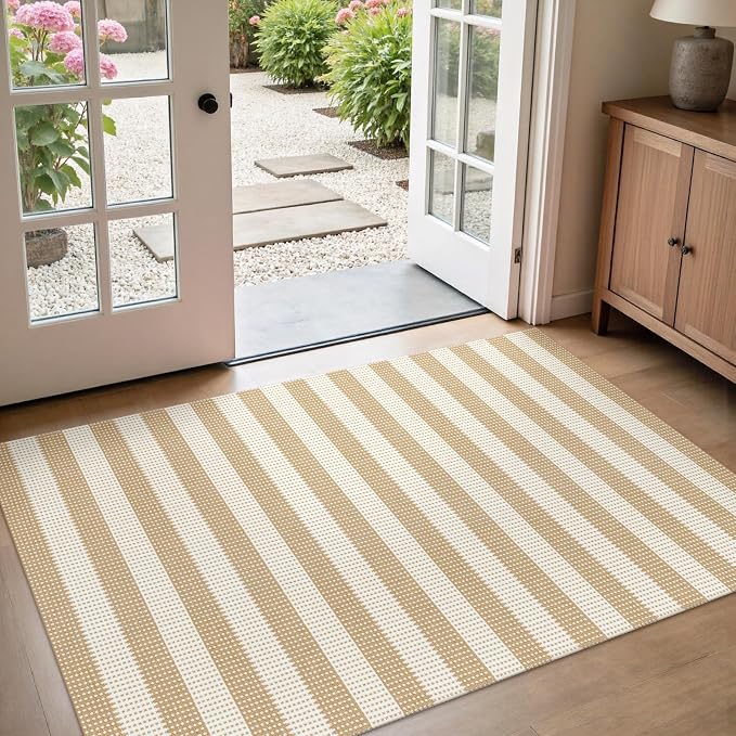 Rugalia Washable Woven Entryway Rug 3x5, Natural Beige Striped Cotton Indoor Outdoor Doormat Low Plie Non-Slip Kitchen Mat, Modern Neutral Floor Carpet for Porch Living Room Bedroom Patio