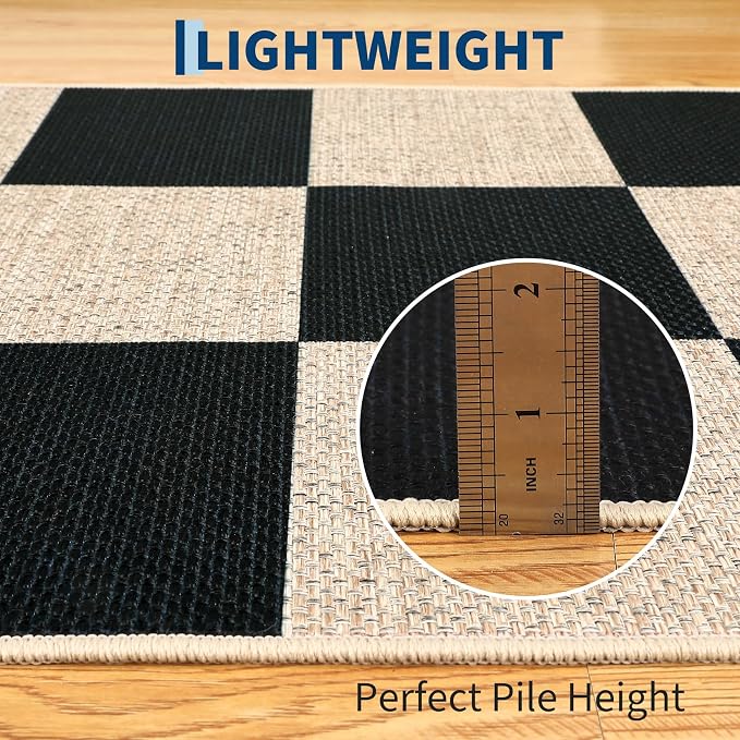 COZYLOOM 9x12 Rugs for Living Room Machine Washable Area Rugs Modern Geometric Easy Jute Rug Non Slip Non Shedding Checkered Carpet Stain Resistant Mats for Bedroom, Dining Room, RV, Patio, Black