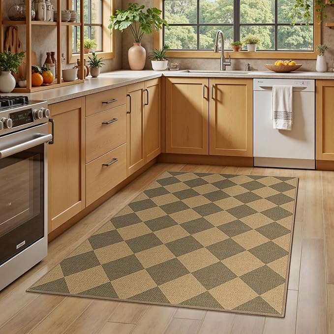 Lessymo Checkered Entryway Rug 3x5, Easy Jute Washable Rugs for Living Room | Outdoor Patio Area Rug, Non Slip Indoor Door Mat Farmhouse Neutral Carpet for Guestroom Foyer Backyard, Diamond Brown/Beige
