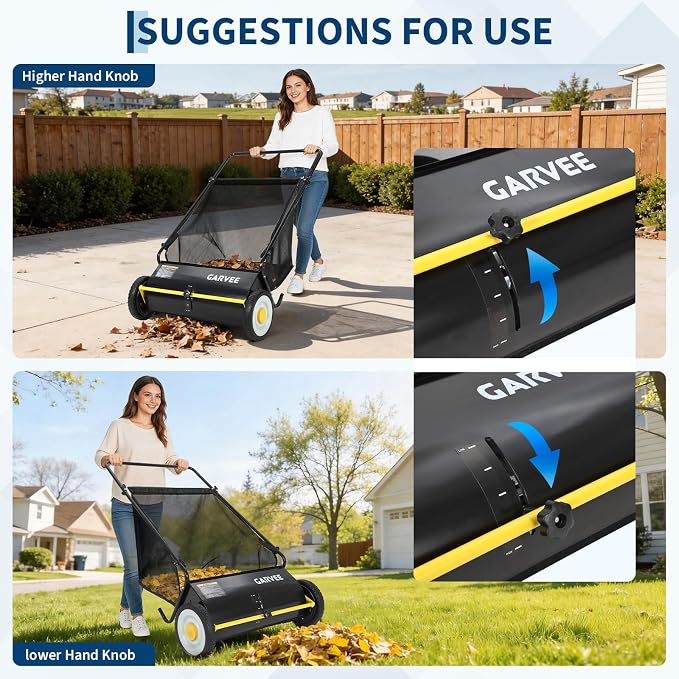 PeakPursuit Heavy-Duty Push Lawn Sweeper 26 Inch - 4 Spinning Brushes, 7Ft³ Large Capacity Collection Bag, Adjustable Height for Grass, Leaves & Debris On All Terrains