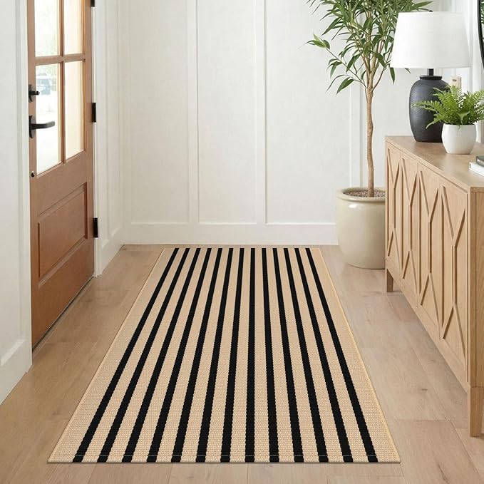 KILOCOCO Striped Rug 3x5 ft Washable Front Door Outdoor Rug, Brown Black | Cotton Layered Doormats, Washable Front Porch Rug, Woven Low Pile Welcome Mat for Kitchen Entryway Farmhouse Patio