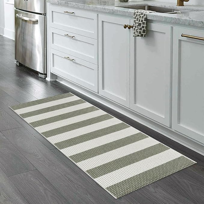 Boho Striped Front Door Mat Outside Entrance 2x4.3,Green and White Washable Porch Rug Runner,Cotton Hand Woven Indoor Outdoor Rugs,Foldable Farmhouse Layered Door Mats for Entryway