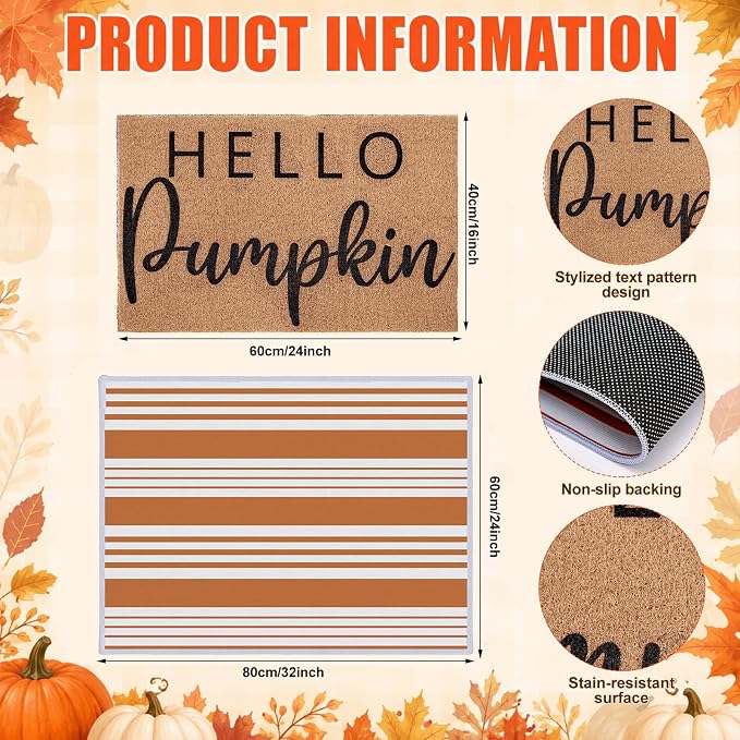 2pcs Fall Hello Pumpkin Doormats Layered Autumn Front Porch Welcome Mat and Striped Crystal Velvet Layering Rug Non Slip Outdoor Entryway Flooring Decor for Thanksgiving