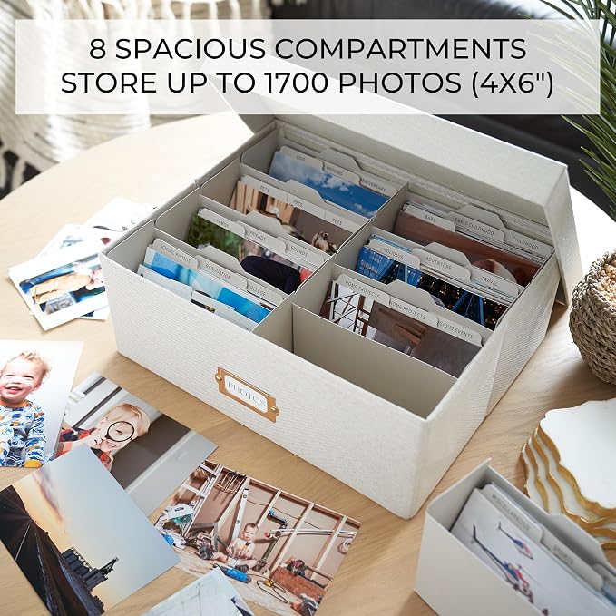 ZICOTO Decorative Photo Storage Box - Sturdy Linen Photo Organizer with Dividers is Perfect to Store up to 1700 Pictures and 4x6 Photos - Portable Scrapbook Storage Containers with Lid