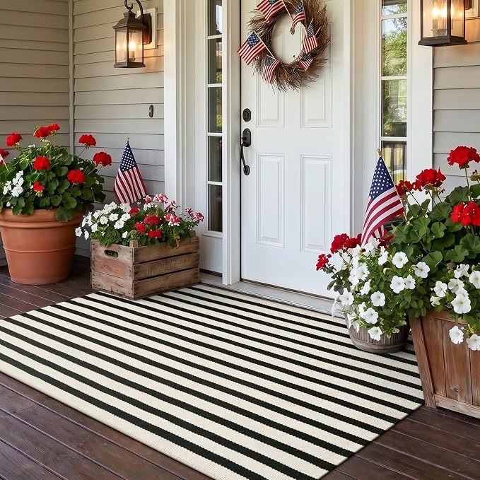 OJIA Outdoor Rug 3'x5' Front Door Mat Outdside Entrance Front Porch Decor | Machine Washable Rugs Cotton Woven Striped Entryway Rugs Indoor Door Mat Black and Cream White Area Rug for Porch/Backyard