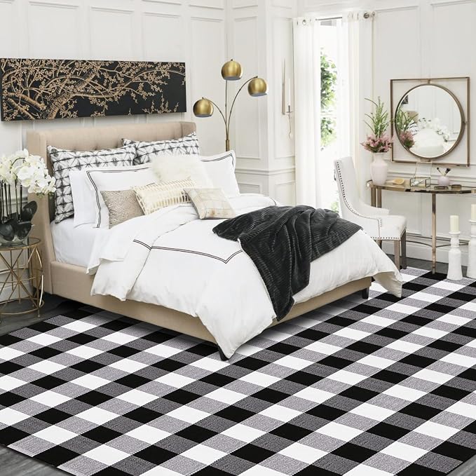 Buffalo Plaid Rug 5.5'x7.5'Black and White Area Rug,Washable Cotton Woven Indoor/Outdoor Rug for Farmhouse/Dining Room/Bedroom/Living Room Rug Retro Lattice Checkered Carpet