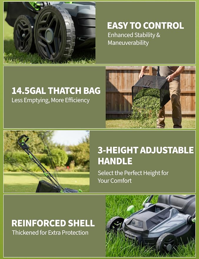 Electric Lawn Dethatcher Scarifier 15.5 Amp, 14-Inch Corded Dethatcher with 14.5 gal Collection Bag, 5-Position Depth Adjustment, 2-in-1 Aerator with Carbon Steel Blades for Spring Fall Lawn Care