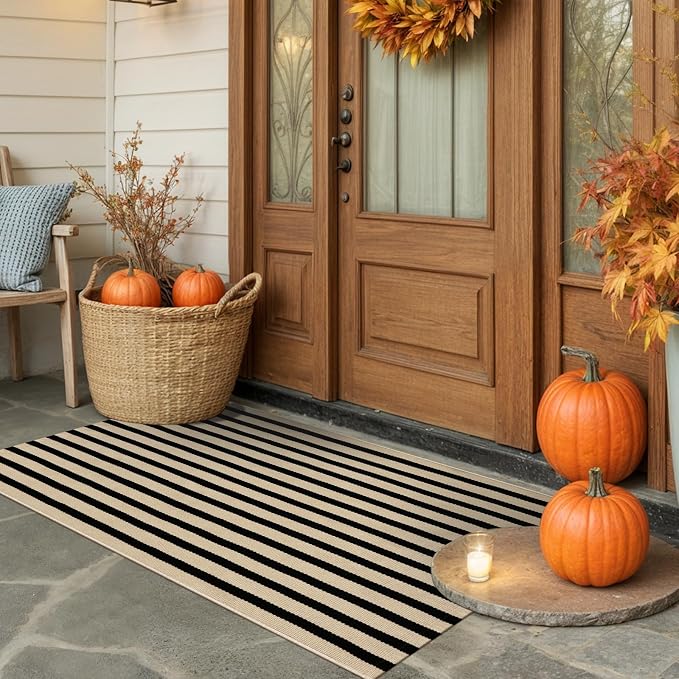 KIMODE Front Door Mats 24"x51", Machine Washable Farmhouse Fall Front Porch Rug Decor, Striped Layered Door Mats Outdoor, Cotton Hand Woven Entryway Rug for Entry, Doorway, Kitchen Black and Khaki
