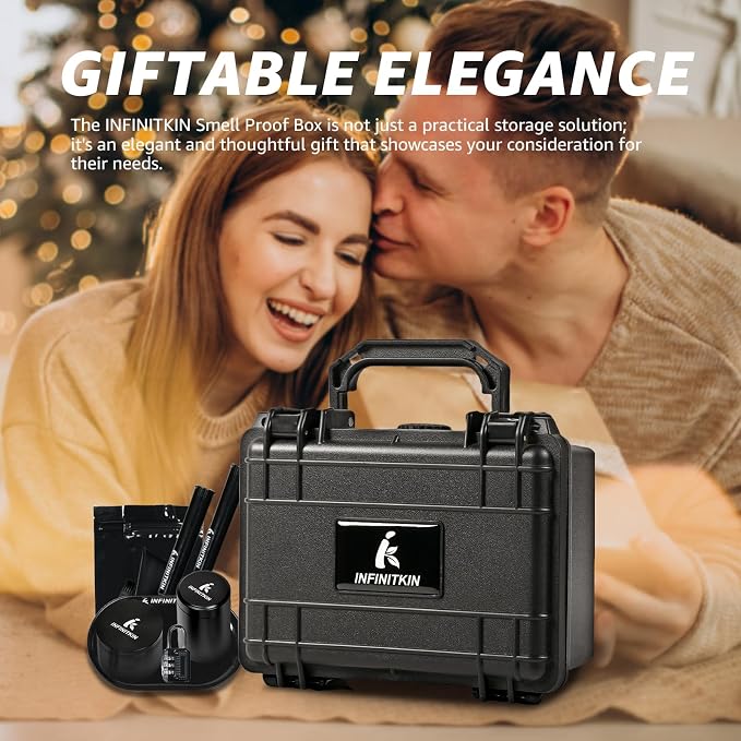 INFINITKIN Smell Proof Box Small Smell Proof Storage Box with Lock | Airtight & waterproof smell proof container with storage jar for home & travel. Includes pocket scale & accessories.