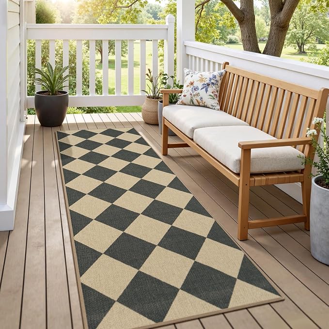 Lessymo Kitchen Runner Rug 2x6, Checkered Jute Rugs Washable Non Slip | for Entryway Hallway, Farmhouse Diamond Bedside Rugs Indoor Outdoor Carpets for Patio Porch, Stain Resistant, Black/Beige