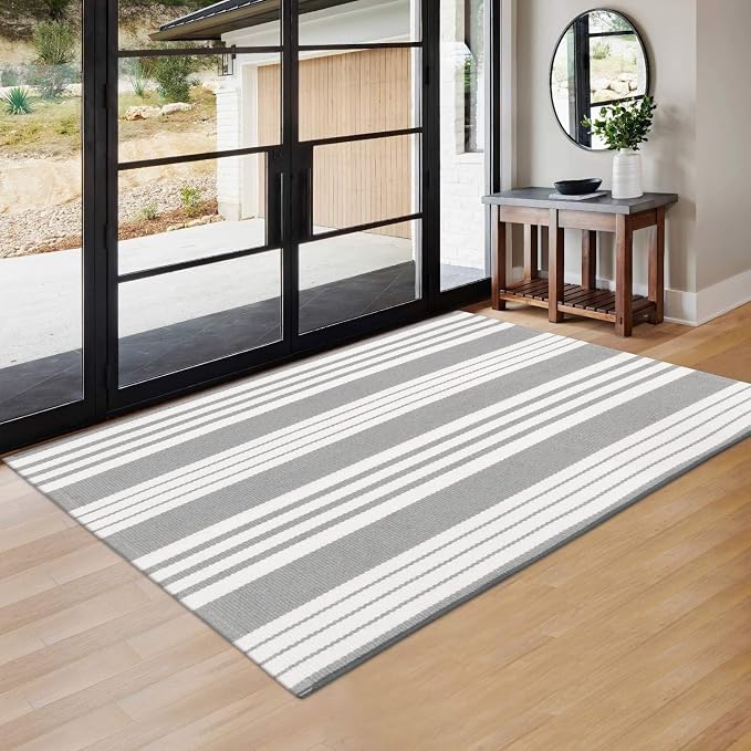 OJIA Entryway Rug 3'x5' Outdoor Rugs Front Door Mat Outside Entrance Decor | Cotton Woven Front Door Mat Outdoor Doormat Machine Washable Grey & White Striped Entry Porch Rugs for Farmhouse/Home Decor