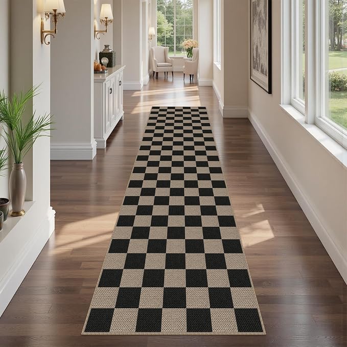 Rugalia Easy Jute Checkered Runner Rug, 2.6x10 Black Modern Washable Rugs Runner for Hallway Non-Slip Kitchen Runner Rug, Geometric Checkerboard Indoor Outdoor Carpet for Porch Laundry Entryway