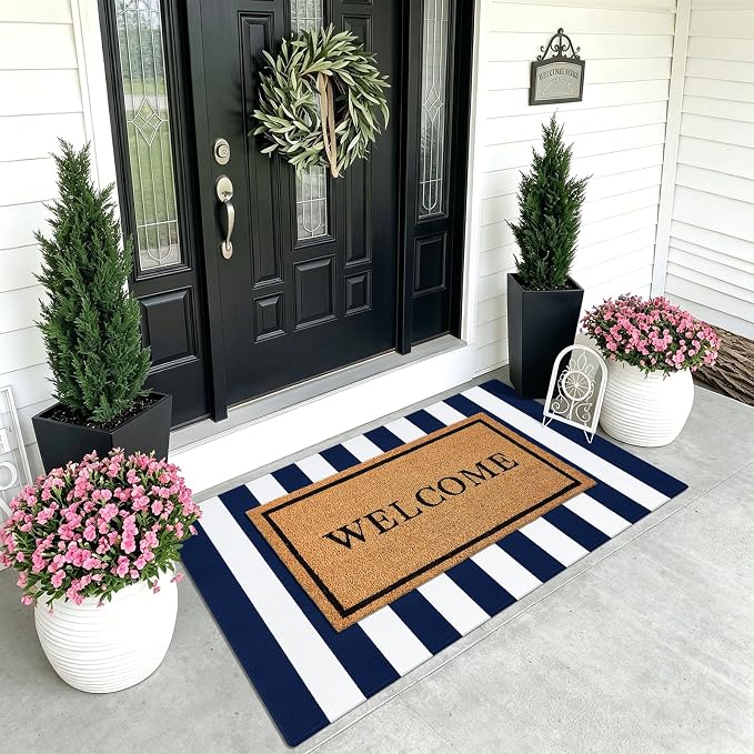 KOZYFLY Striped Rug 3x5 Front Door Rugs Blue White Cotton Woven Washable Indoor Outdoor Rug Entrance Doormat for Front Porch Kitchen Patio Decor Outdoor Mat