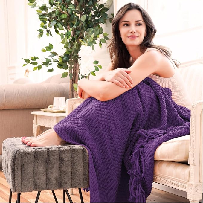 Home Soft Things Purple Throw Blanket Knitted Tweed Throw 50'' x 60'', Imperial Purple, Super Soft Cozy Warm Comfortable Breathable Throw for Living Room Chair Couch Bed Sofa Bedroom Home Décor