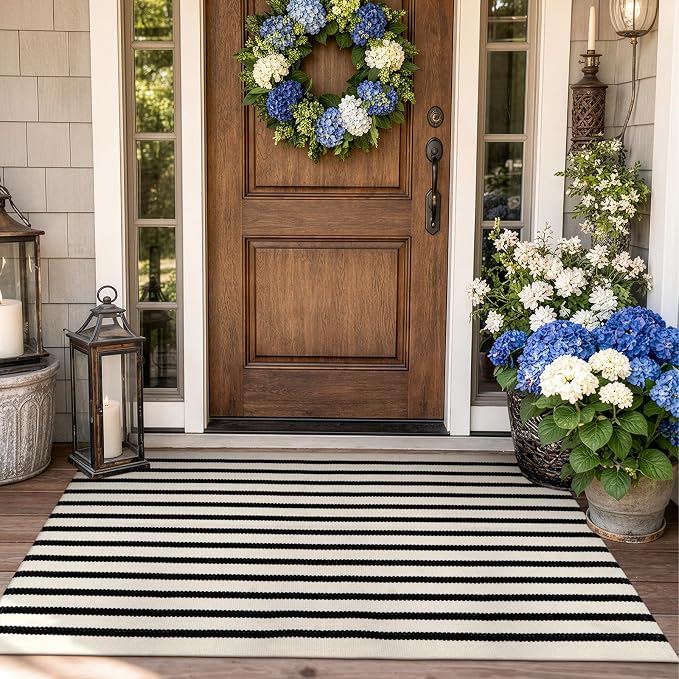 Collive Black and White Outdoor Rug Door Mat 24"x 51", Cotton Woven Striped Front Doormat, Washable Front Porch Outdoor Decor for Farmhouse Front Door Layered Kitchen Porch