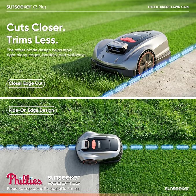 Sunseeker X3 Plus Robot Lawn Mower, RTK, Vision AI, 0.3 Acre, Wire-Free | Efficient edge cutting for homeowners with small to midsize suburban yards, multiple zones and defined borders.