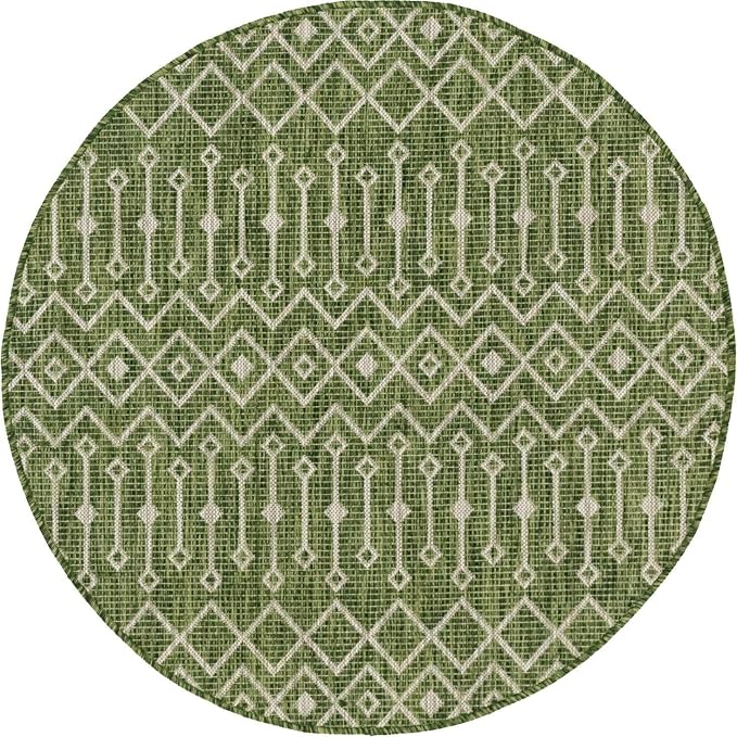 Unique Loom Outdoor Trellis Collection Area Rug - Tribal Trellis (5' 3" Round, Green/ Natural)