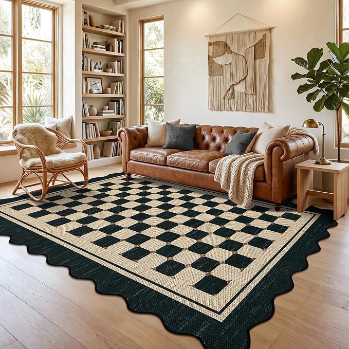 Garvee Easy Jute Checkered Area Rug, 4x6 Black Scalloped Modern Washable Rugs for Living Room Non-Slip Low Pile Entryway Mat, Farmhouse Indoor Outdoor Carpet for Kitchen Backyard Bedroom Office 4'x6'