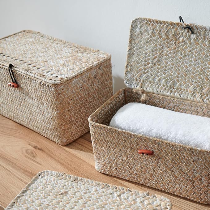 4 Pack, Wicker Baskets with Lids, Natural Seagrass Storage Baskets, Woven Rectangular Basket Bins, Rattan Storage Organizer for Shelf (Whitewashed, Set of 4)