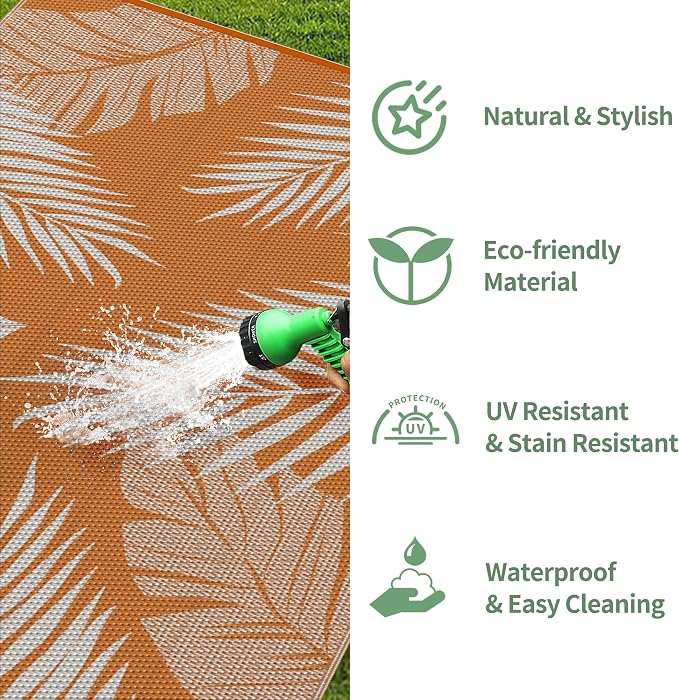 GENIMO Outdoor Rug, Waterproof Plastic Rugs for Patio, 6'x9' Orange White | Outside Larger Leaf Carpet Mat for Porch Decor, Deck, Balcony, Camping, RV, Backyard, Picnic, Beach, Reversible, Foldable