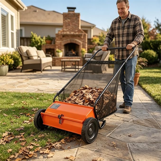 Steel 26 Inch Push Lawn Sweeper with 7 Cu ft Hopper Bag | Walk Behind Heavy Duty Leaf Collector and Yard Sweeper, Adjustable Brush Height for Patio Driveway & Garden Grass