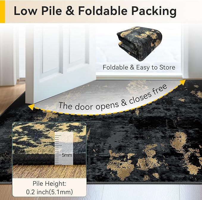Washable Area Rugs 2'6'' x12 Non-Slip Modern Abstract Soft for Living Room Entryway Bedroom Nursery, Print Pattern, Dark Black Gold